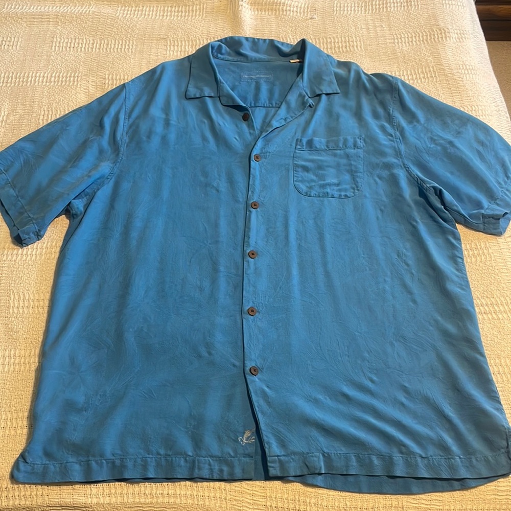 Tommy Bahama Men's Silk Camp Shirt Midnight Blue with Embossed Fern Print   XLT